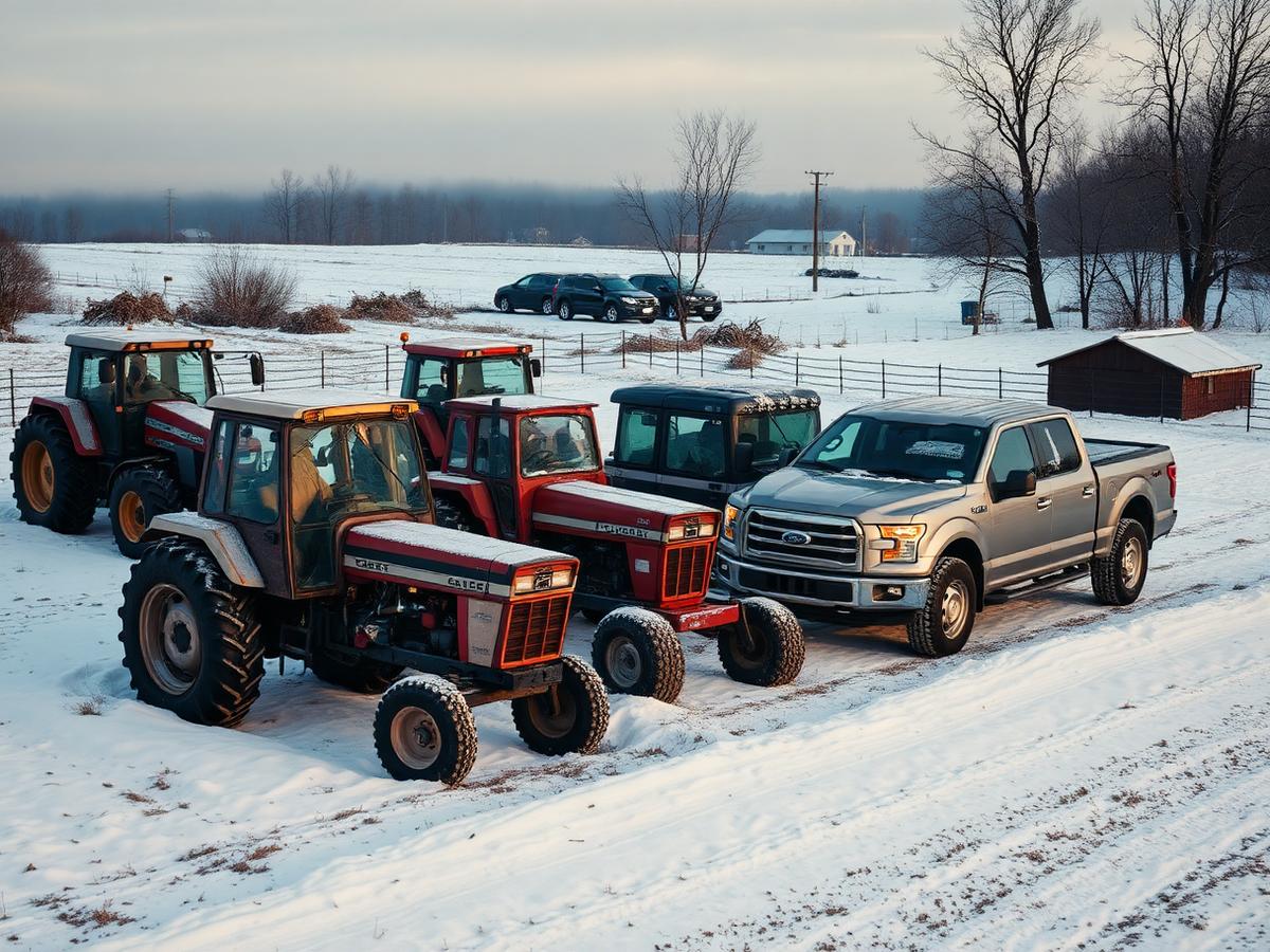 Machinerie agricole et camion en hiver